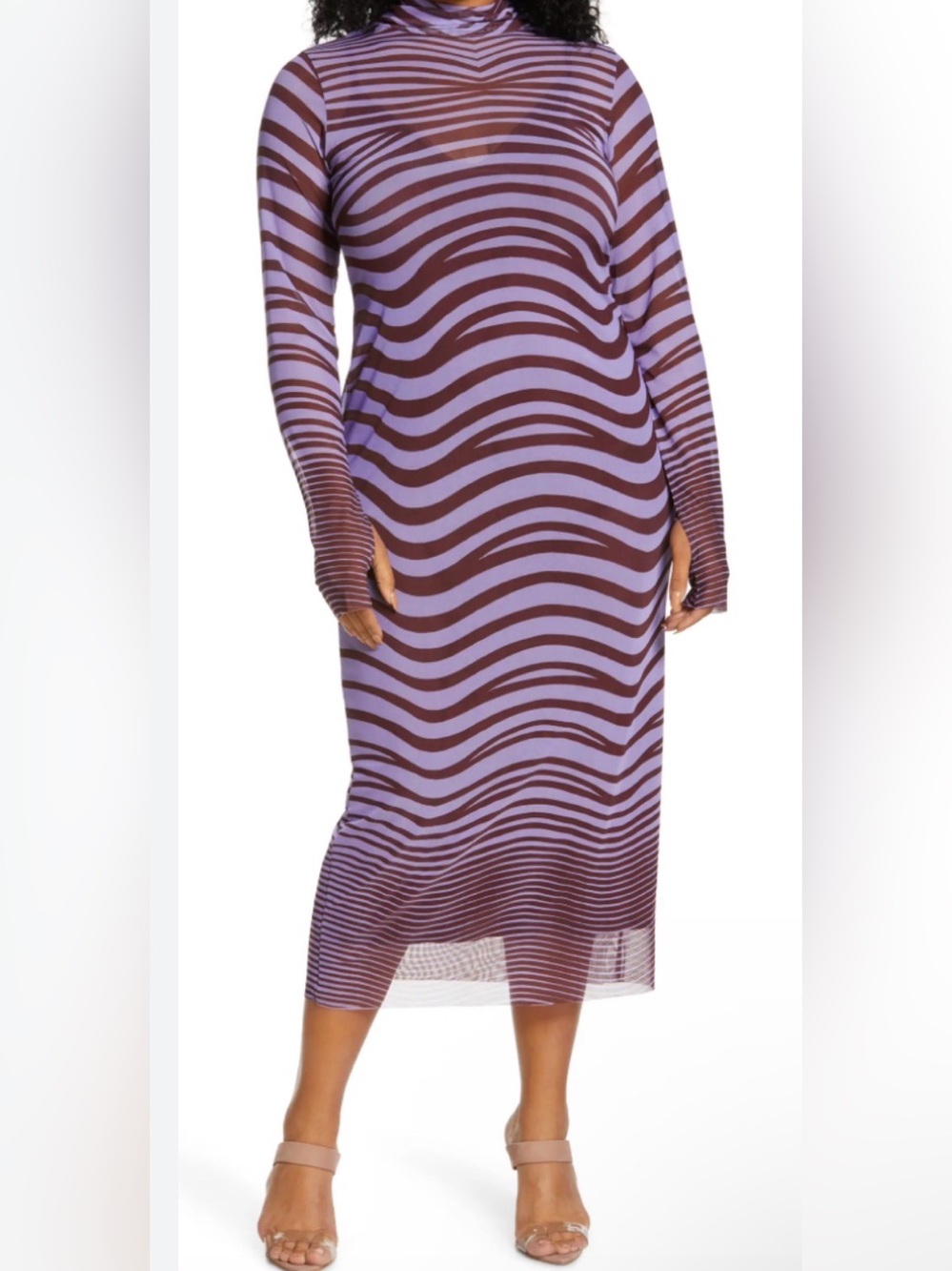 AFRM Purple and Black Striped Long Sleeve Turtleneck Dress